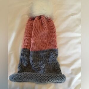 Stylish Pink and Blue Knit Pom-Pom Beanie Hat